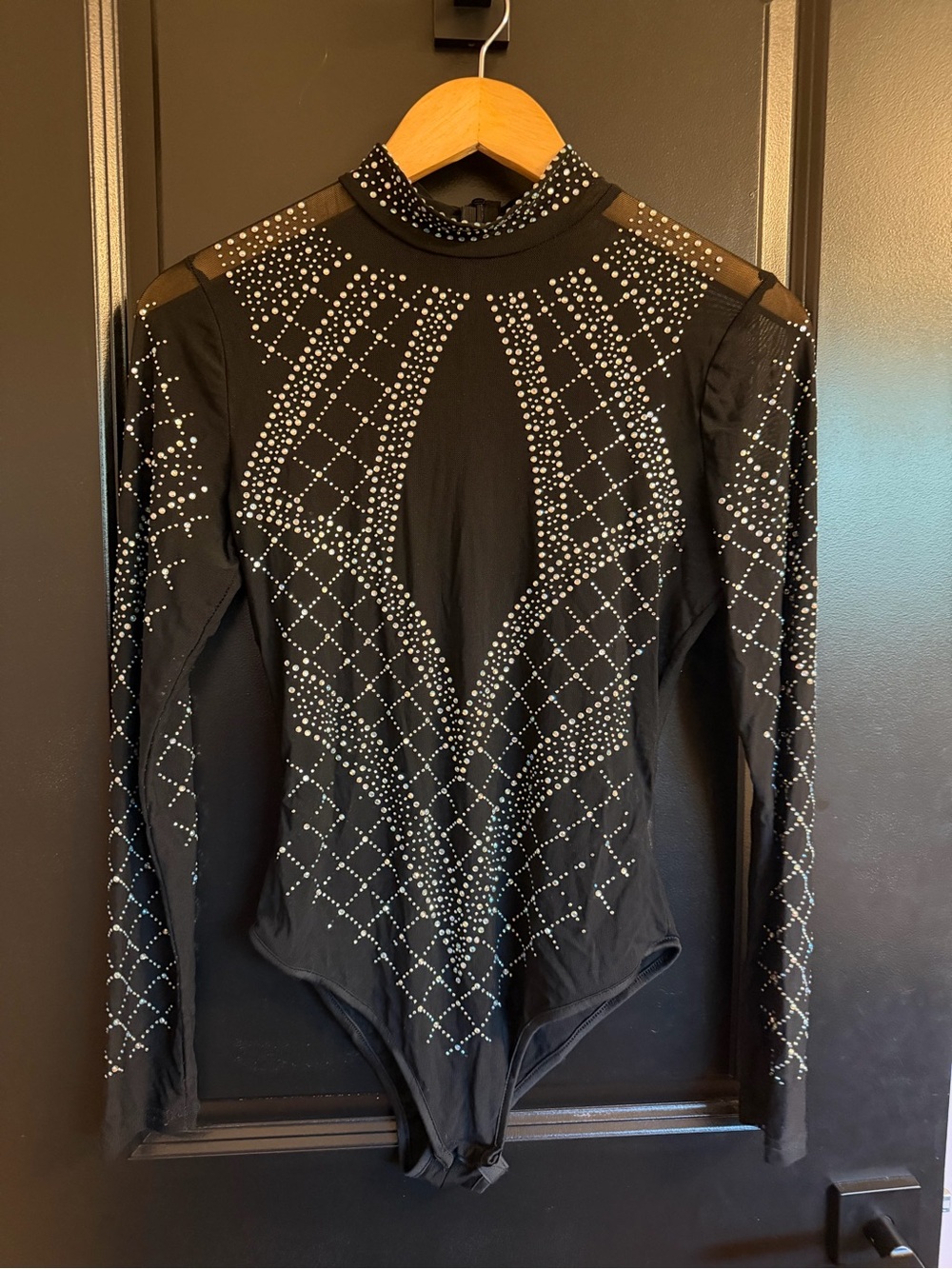Black Rhinestone Embellished Long-Sleeve Bodysuit